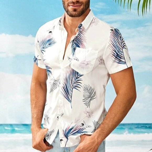 White Vacation Style Men's Hawaiian Print Shirt - Picture 3 of 5